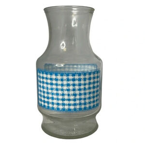VINTAGE 80’s Juice Jug Clear Glass Blue White Gingham No Lid